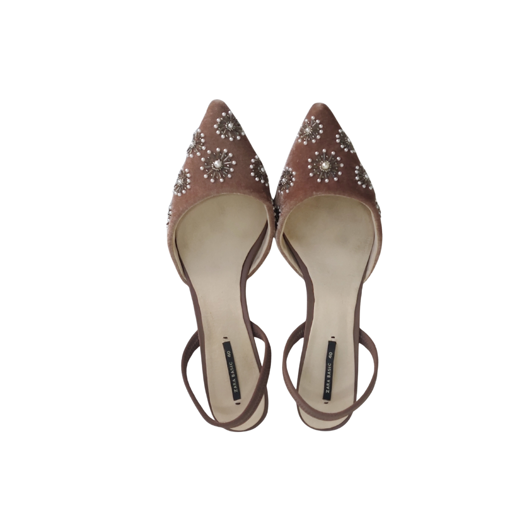 Zara Taupe Embroidered Velvet Slingback Kitten Heels | Pre Loved |