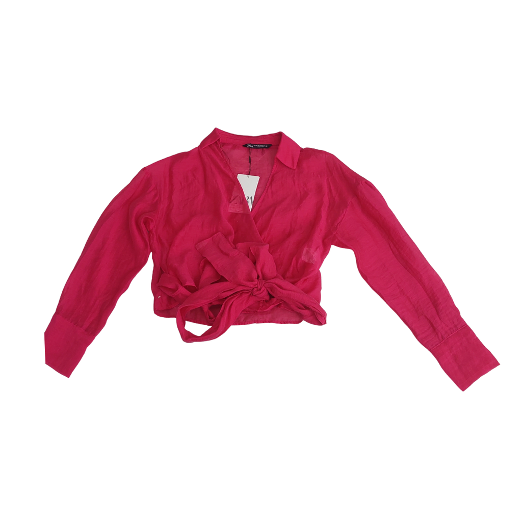ZARA Hot Pink Semi-Sheer Collared Wrap Top | Brand New |