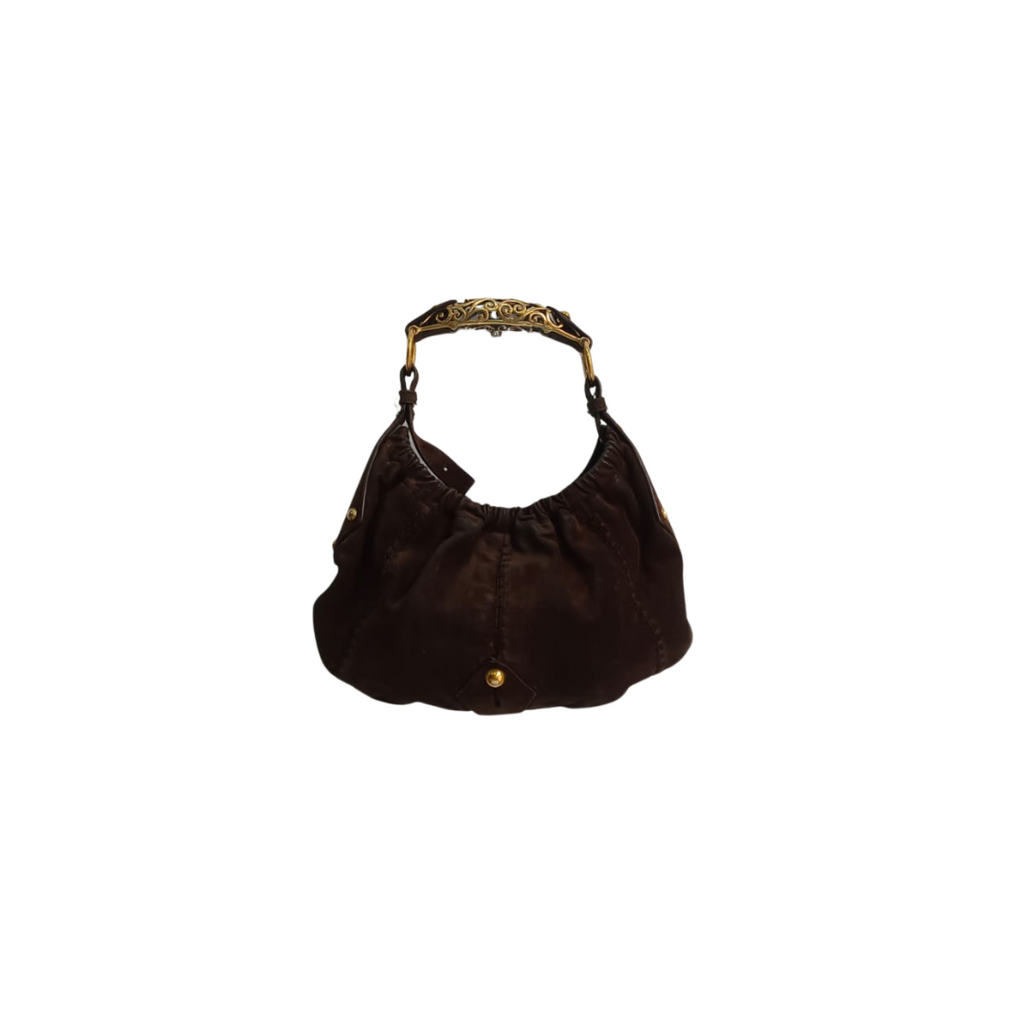 Yves Saint Laurent Vincennes Dark Chocolate Brown Suede Leather Gold Handle Bag | Pre Loved |