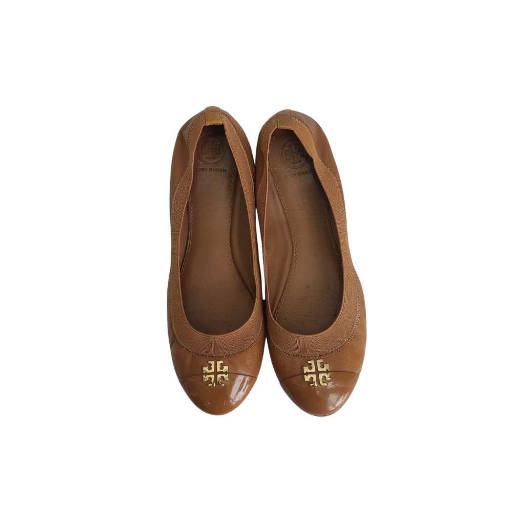 Tory Burch Brown Jolie Leather & Patent Cap Toe Ballet Flats | Pre Loved |