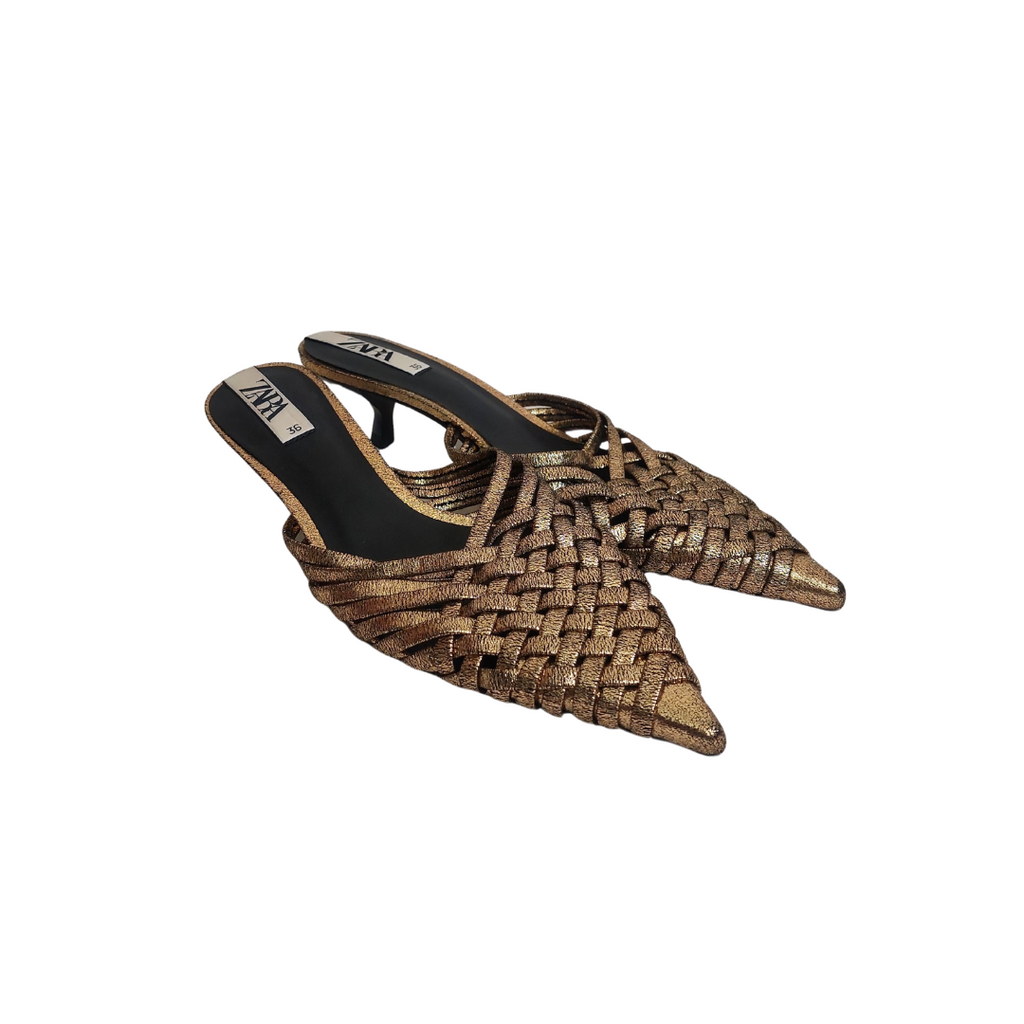 ZARA Gold Metallic Woven Mule Kitten Heels | Like New |
