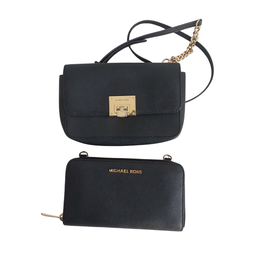 Michael Kors Black Tina Leather Clutch Crossbody and Detachable Wallet Bag | Pre Loved |