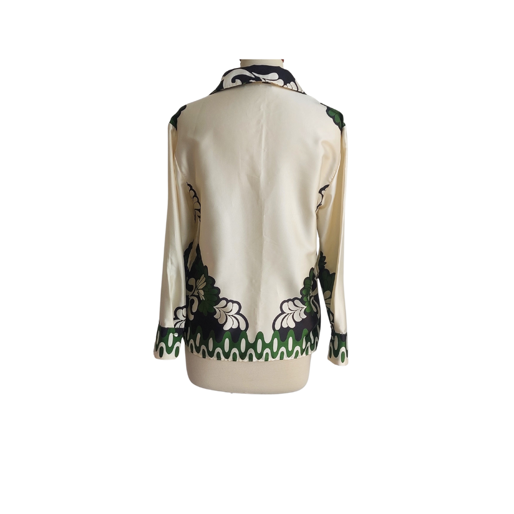 ZARA Cream, Green, & Black Satin Printed Button Down Shirt | Gently Used |