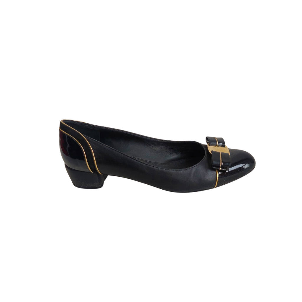 Salvatore Ferragamo Black Leather & patent Block Heels | Pre Loved |