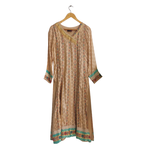 Samia Ahmed Beige Block Print Lace Kurta | Pre Loved |