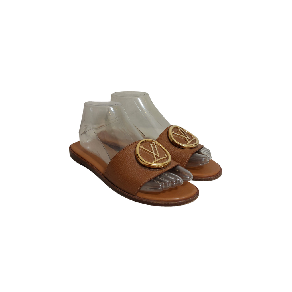 Louis Vuitton Brown Leather Lock It Flat Slides | Pre Loved |