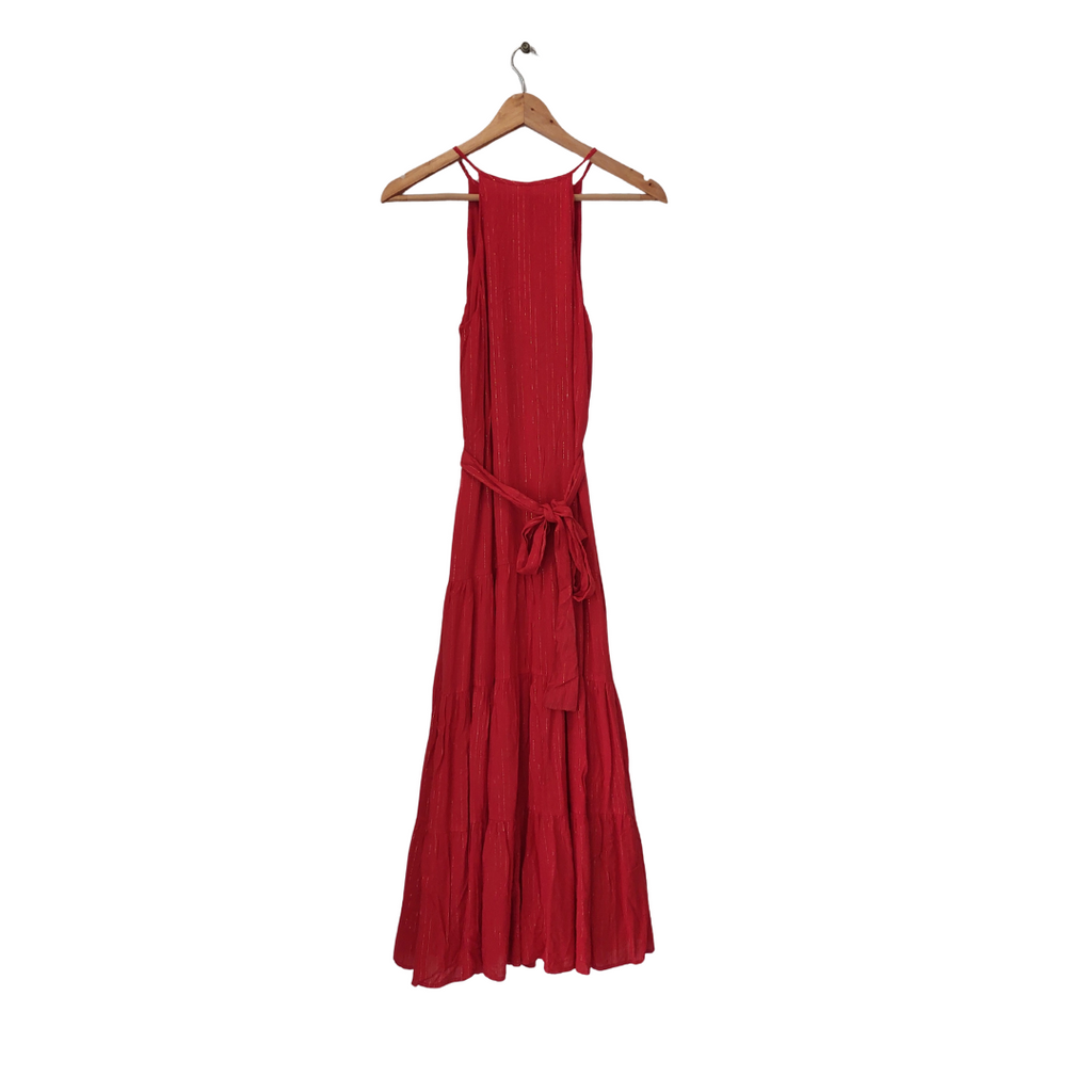 Mango Red Sleeveless Metallic Tinsel Striped Frock | Brand New |