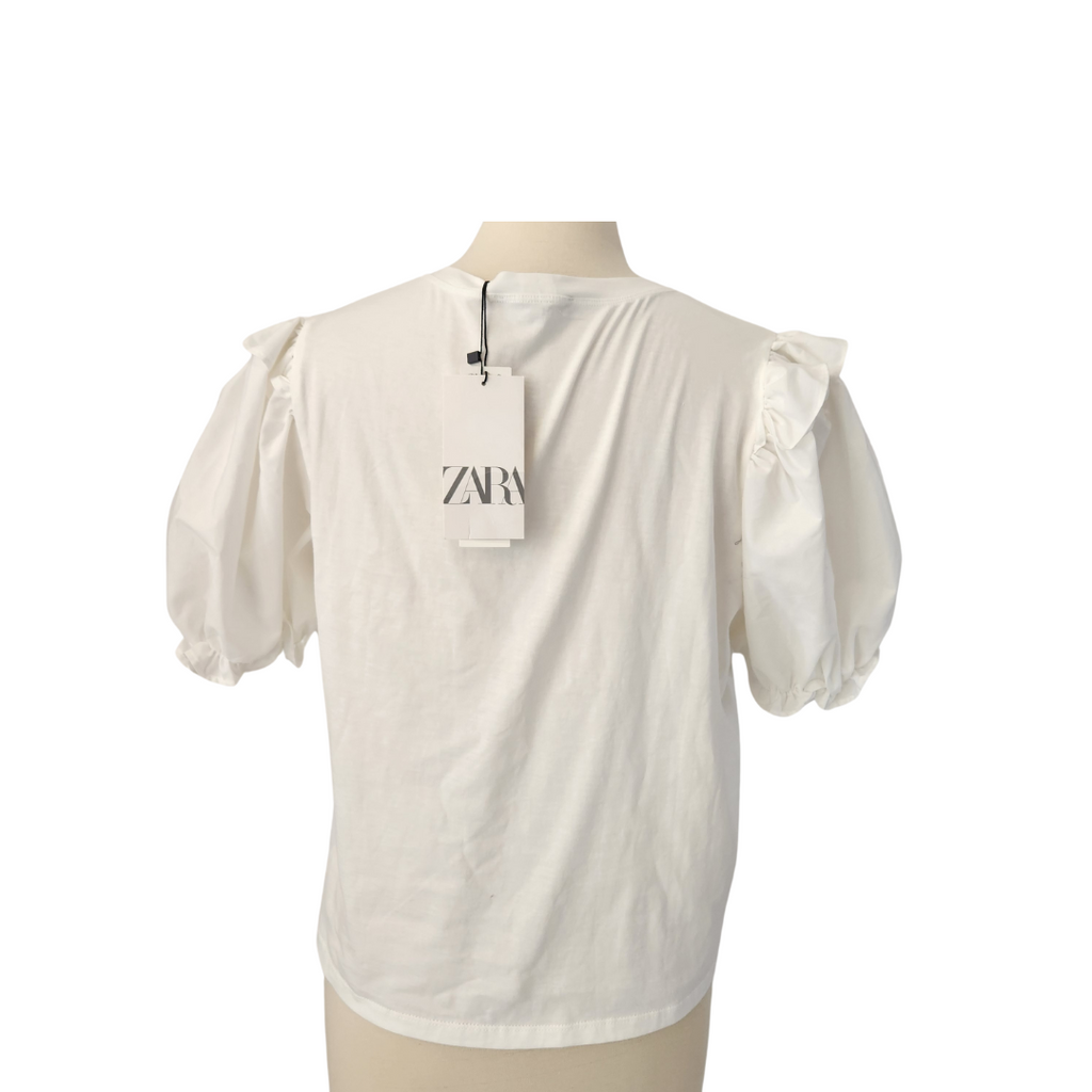 ZARA White Puff-sleeves Crew-neck Top | Brand New |