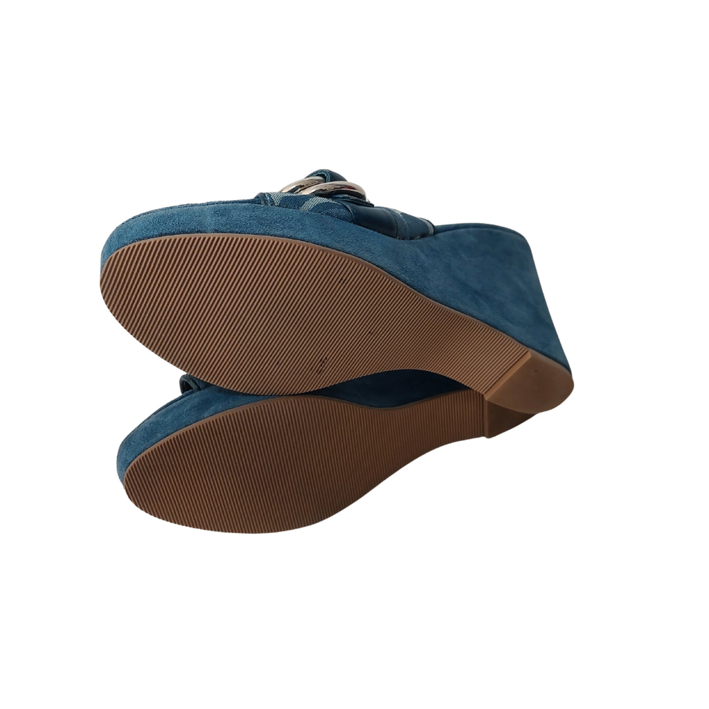 Coach Dusty Blue Merridith Logo Suede Wedges | Pre Loved |