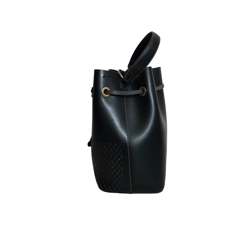 Furla Black Stacey Drawstring Perforated Small Leather Bucket Bag | Pre Loved |