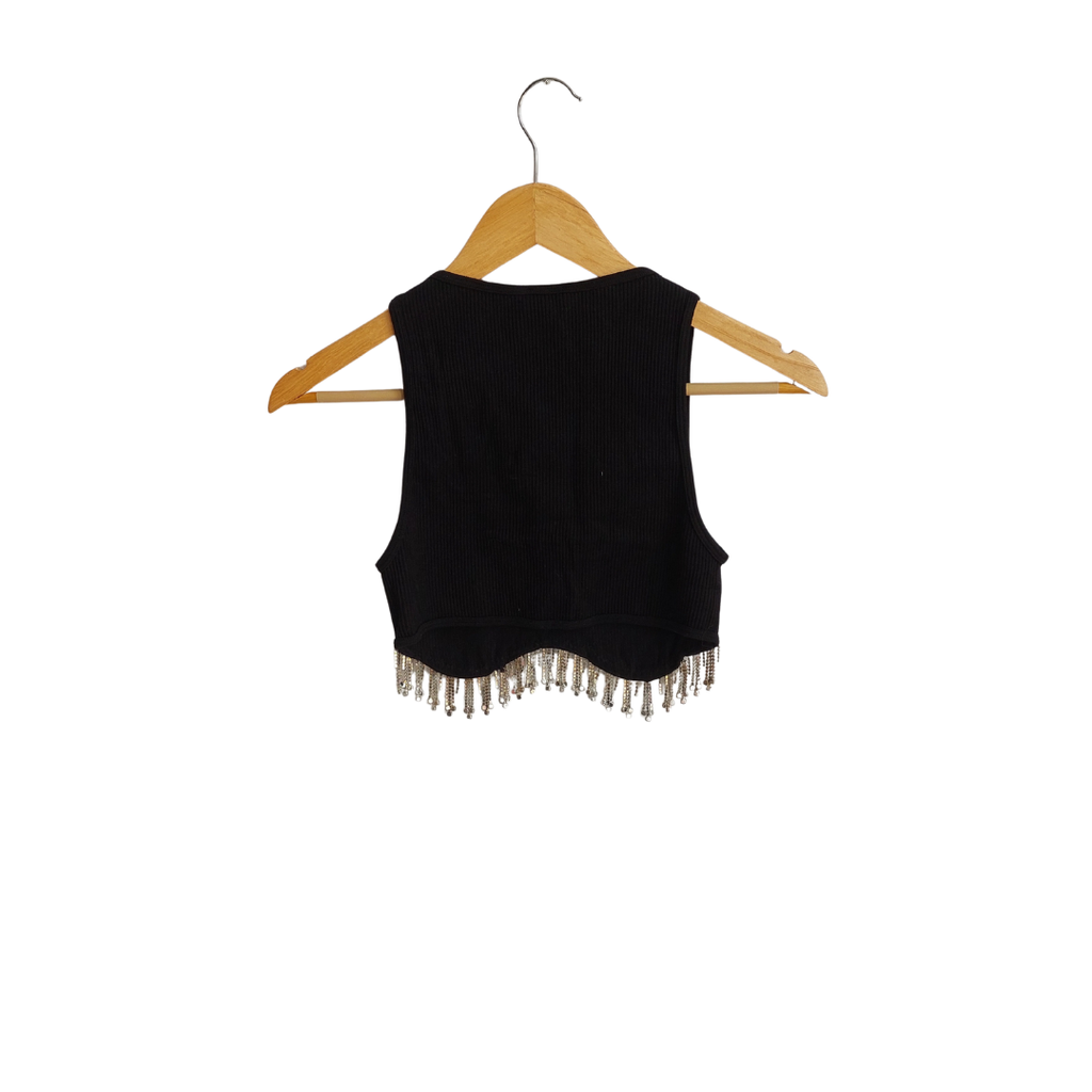 ZARA Black Ribbed Sleeveless Rhinestone Fringe Crop Top | Gently Used |
