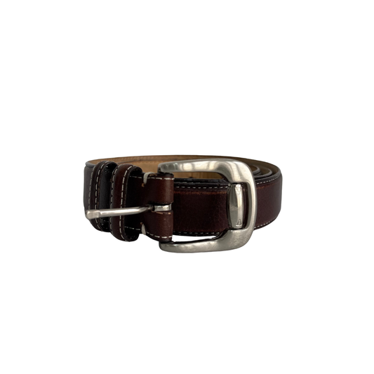 Bosca Essentials Men's Brown Contrast-Stitched Casual Leather Belt | Pre Loved |