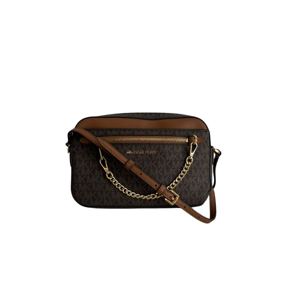 Michael Kors Brown Monogram Jet Set Zipper Chain Crossbody Bag | Pre Loved |