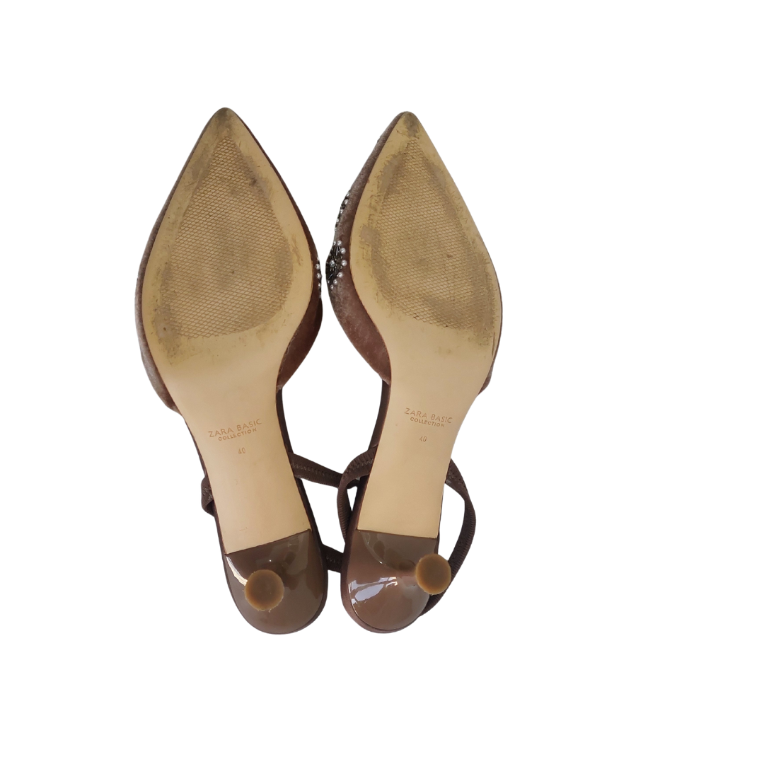 Zara Taupe Embroidered Velvet Slingback Kitten Heels | Pre Loved |