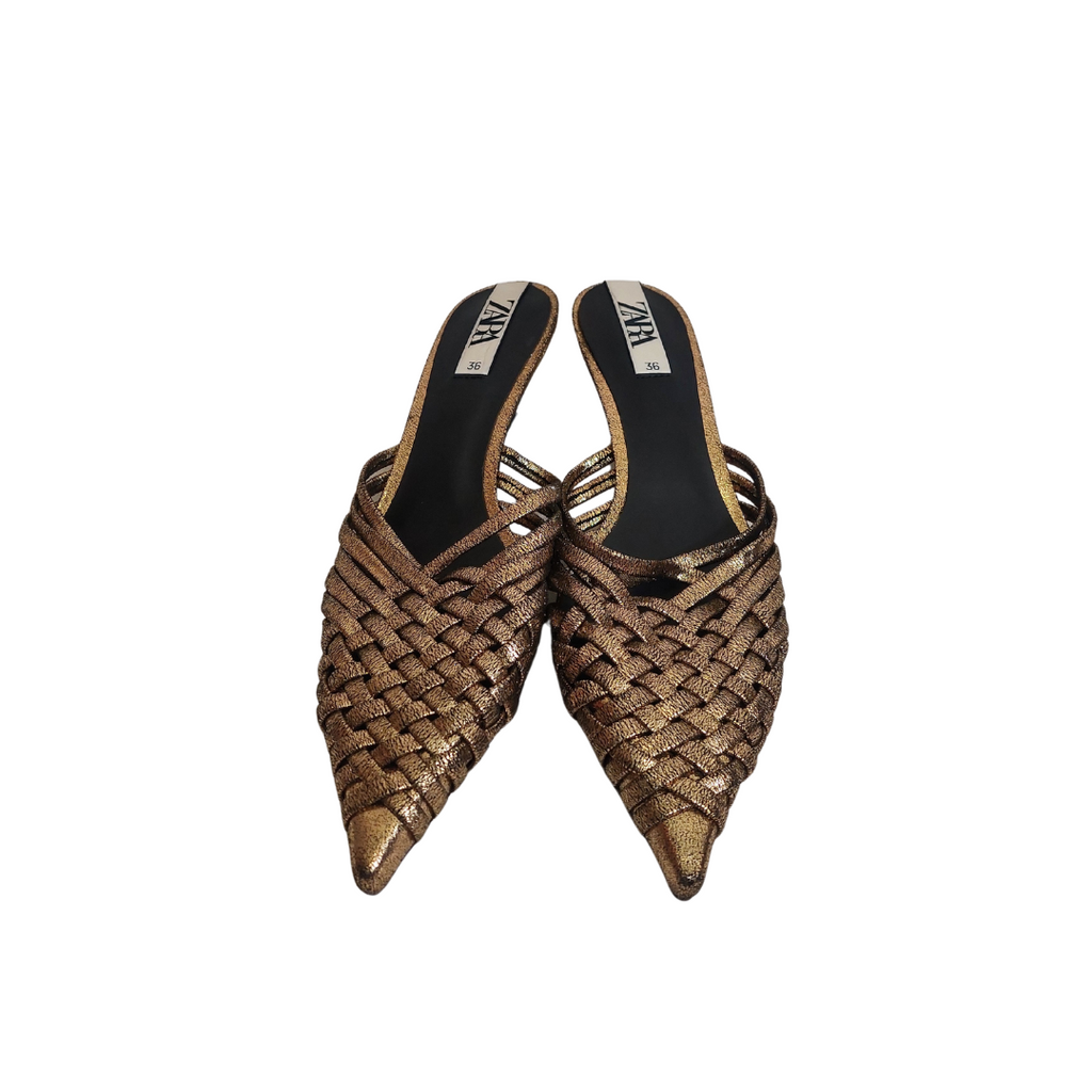 ZARA Gold Metallic Woven Mule Kitten Heels | Like New |