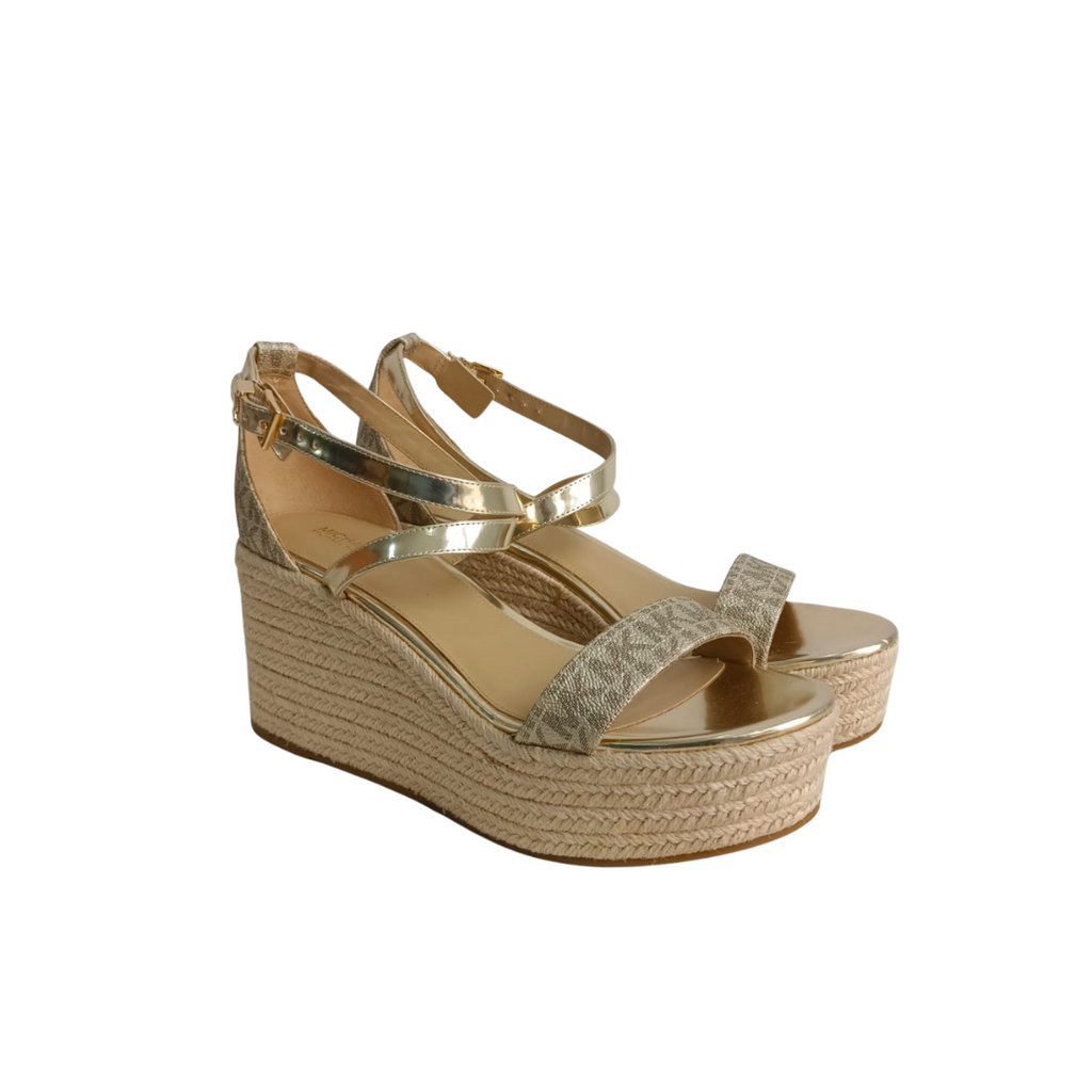 Michael Kors Serena Metallic Logo Wedge Sandals | Brand New |