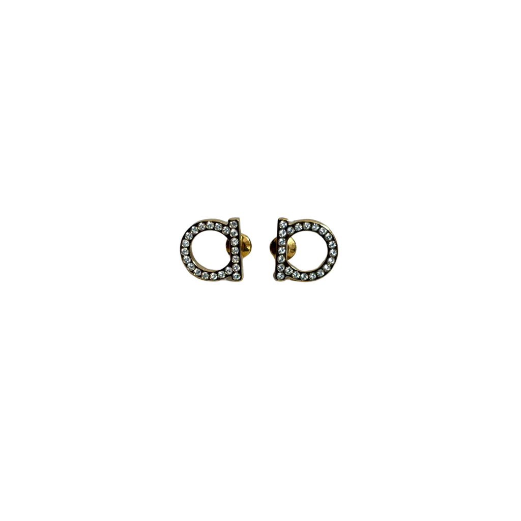 Ferragamo Medium Pave Gancio Gold/ Crystal Stud Earrings | Like New |
