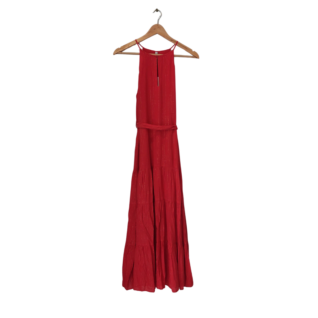 Mango Red Sleeveless Metallic Tinsel Striped Frock | Brand New |