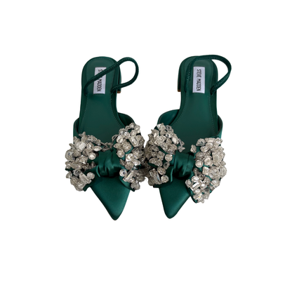 Steve Madden Emerald Satin Embellished Sloane St. Flat Sandals | Brand New |