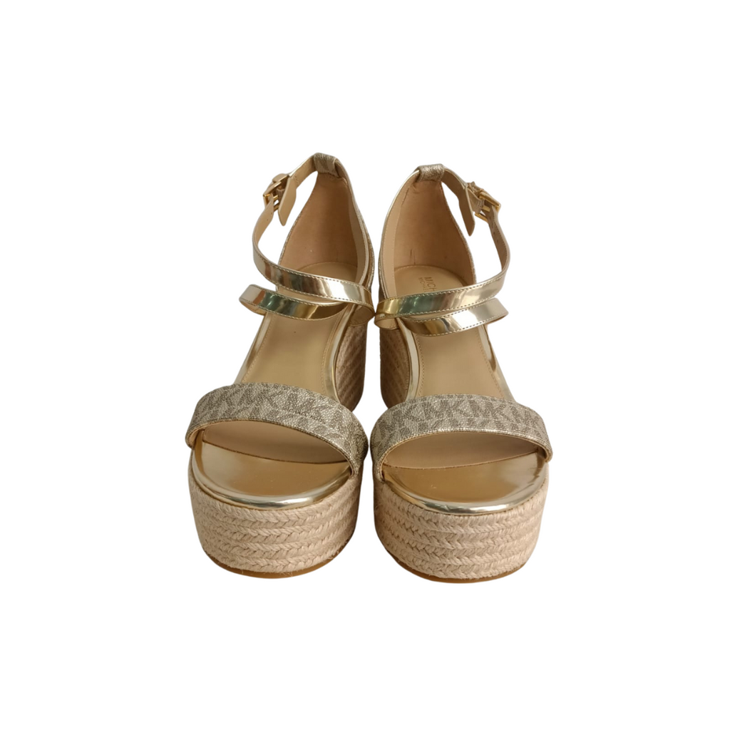 Michael Kors Serena Metallic Logo Wedge Sandals | Brand New |