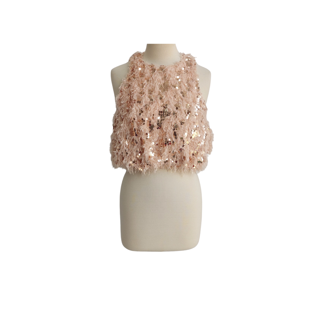 ZARA White Fur & Gold Sequins Sleeveless Top | Brand New |