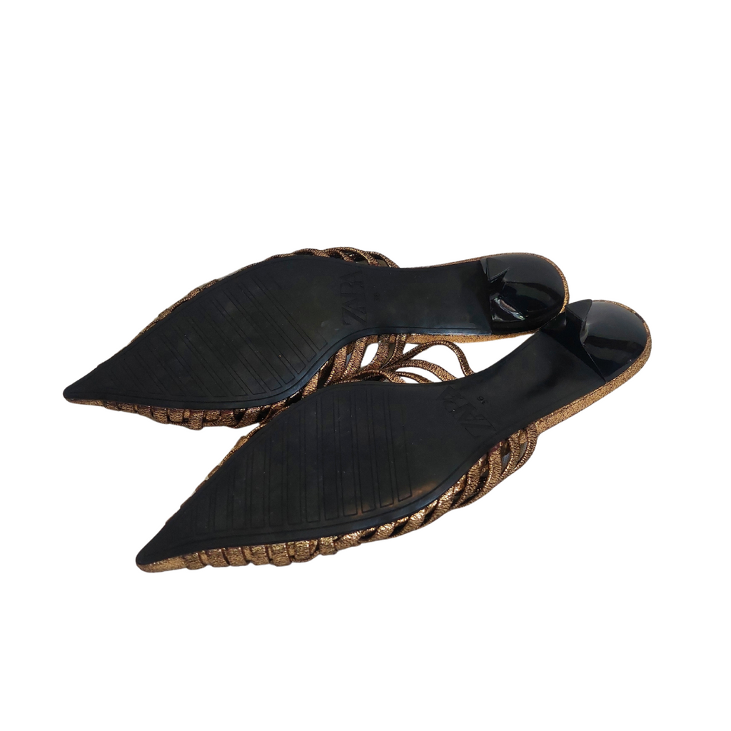 ZARA Gold Metallic Woven Mule Kitten Heels | Like New |