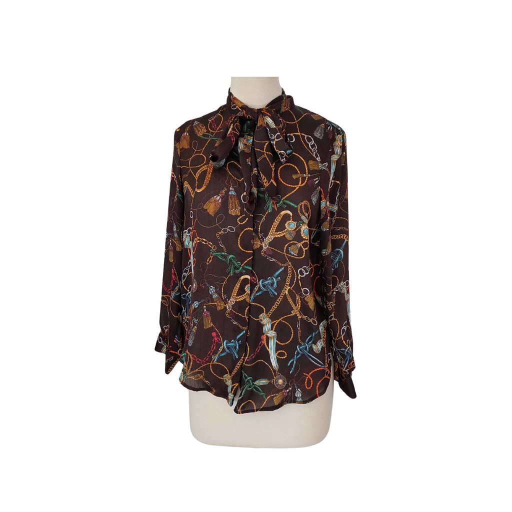 Zara Brown Tassel Printed Button Down Neck Tie Shirt | Pre Loved |