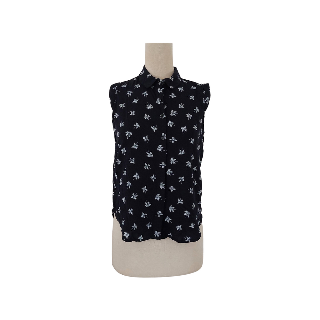 Mango Navy Blue Sleeveless Printed Button-Down Top | Pre Loved |