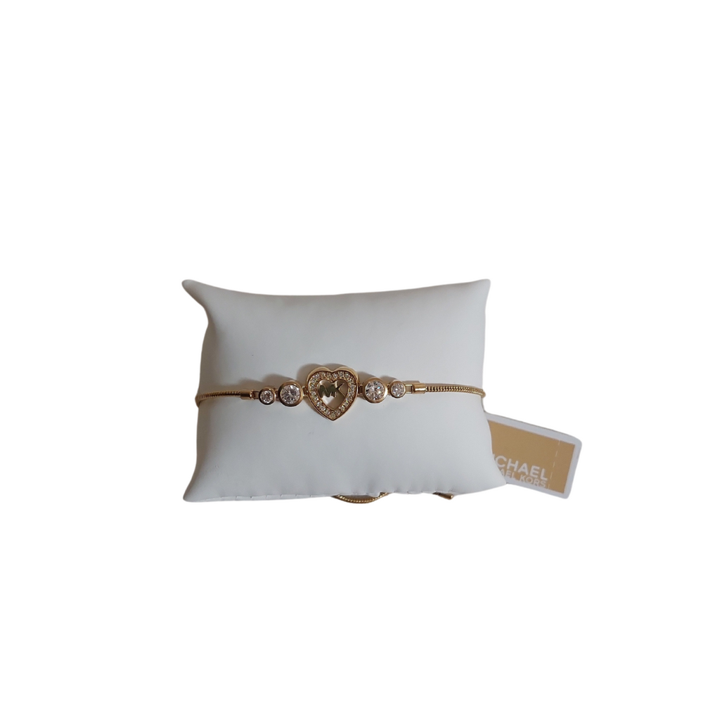 Michael Kors Yellow Gold Tone Stainless Steel Heart And Pave CZ Slider Bracelet | Brand New |