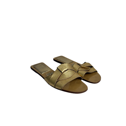 Zara Metallic Gold Leather Cross Strap Sandals | Pre Loved |