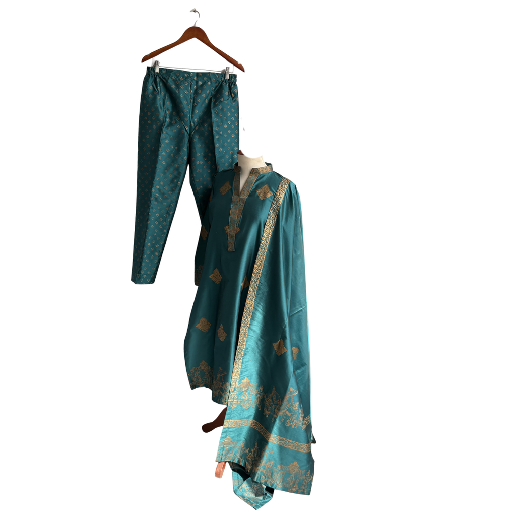 Sanober Azfar Teal Green Raw Silk Blocked Print Outfit (3 piece) | Pre ...