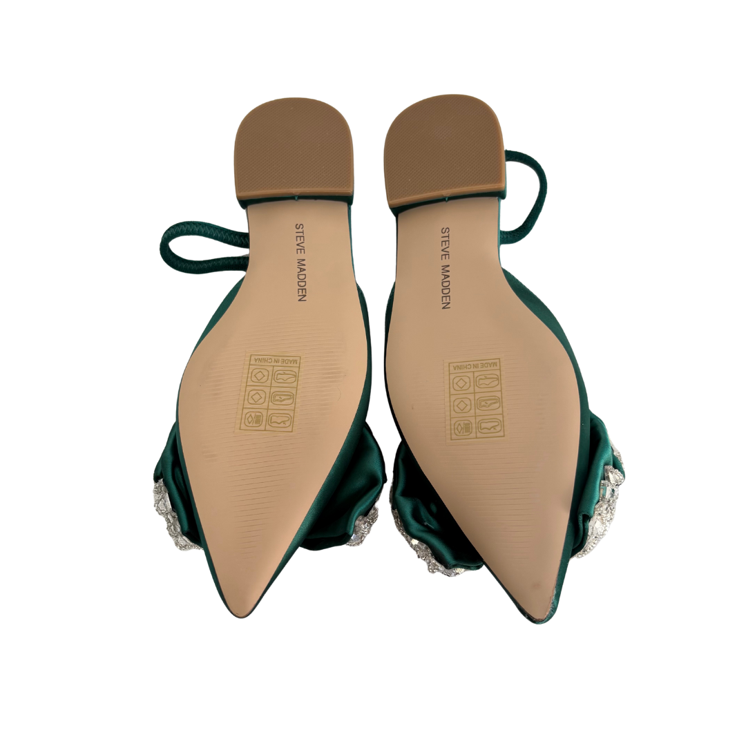 Steve Madden Emerald Satin Embellished Sloane St. Flat Sandals | Brand New |