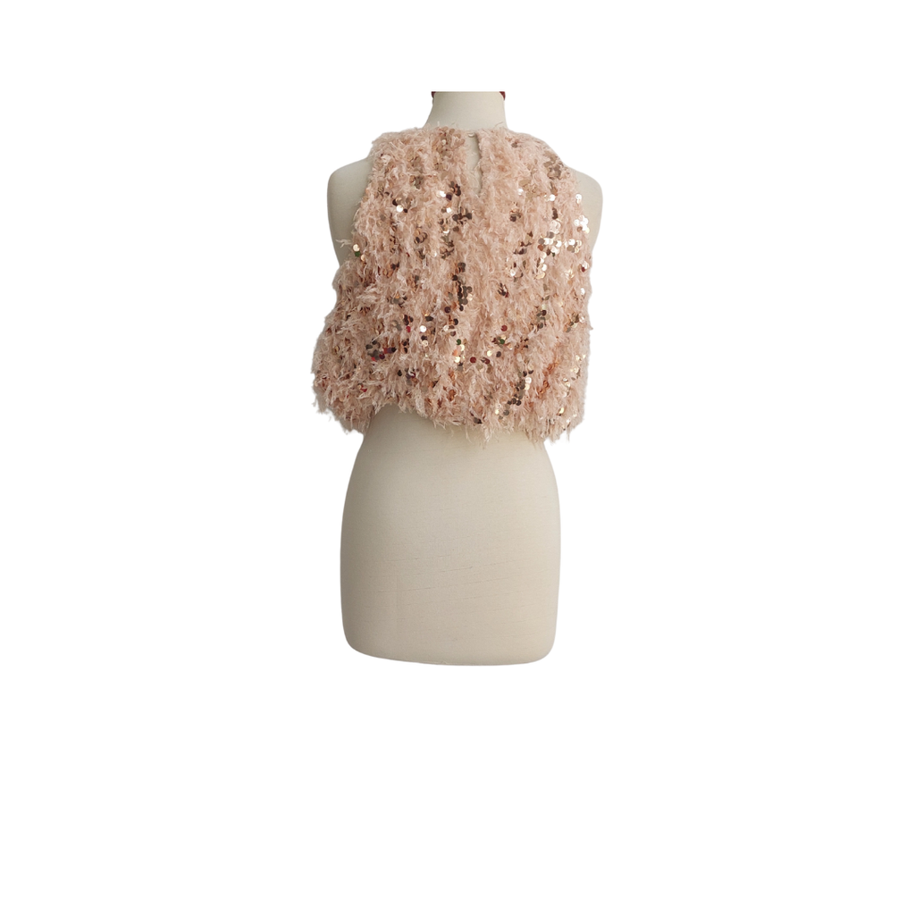 ZARA White Fur & Gold Sequins Sleeveless Top | Brand New |