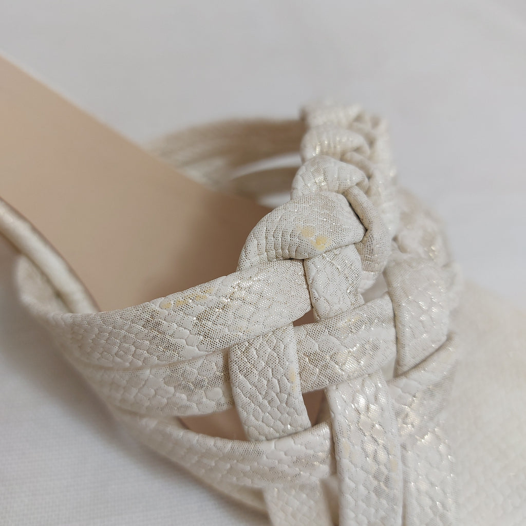 Miaasa White & Gold Woven Front Strap Leather Kitten Heels | Pre Loved |