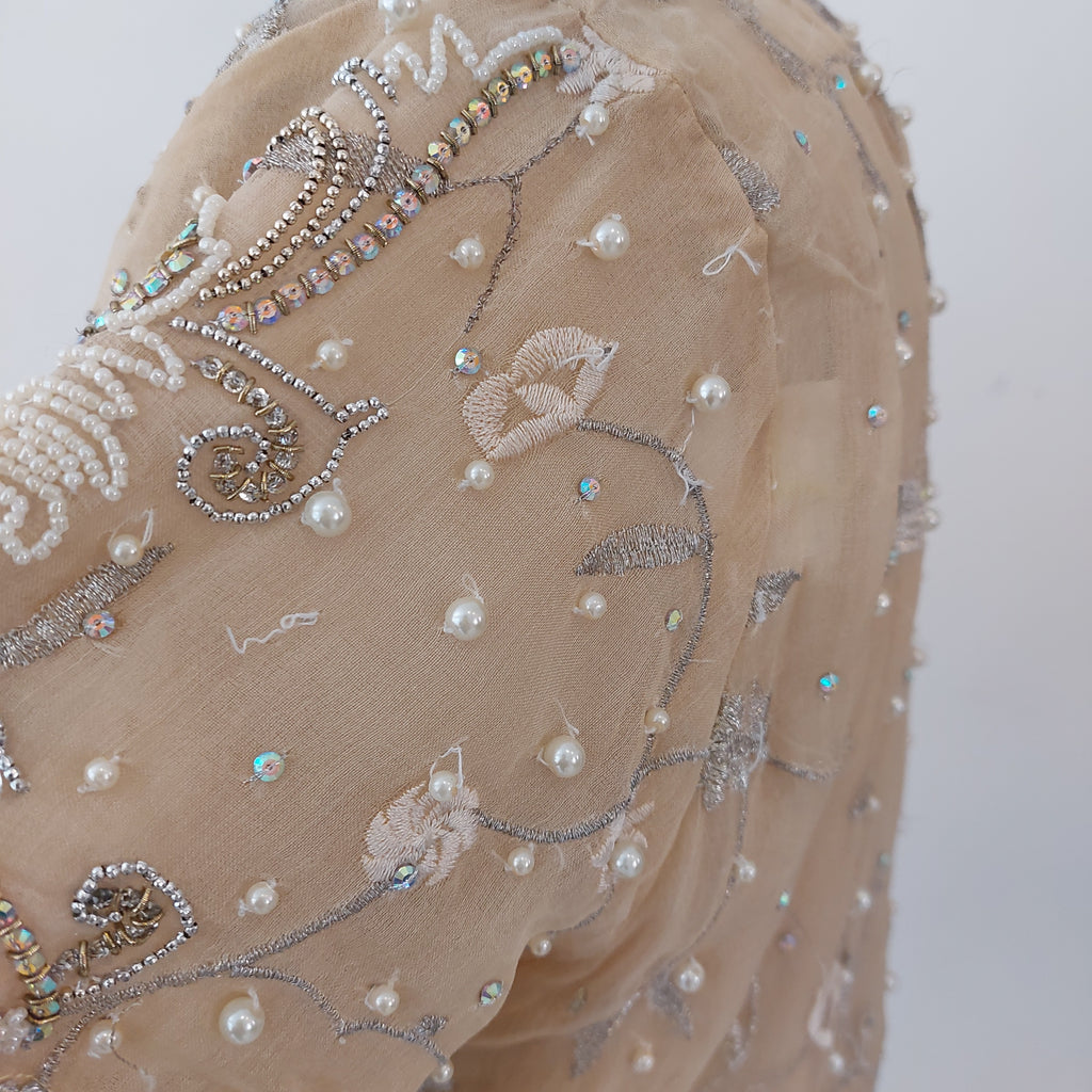 Farah Talib Aziz Beige Embroidered With Pearls Jacket And Pants | Pre Loved |