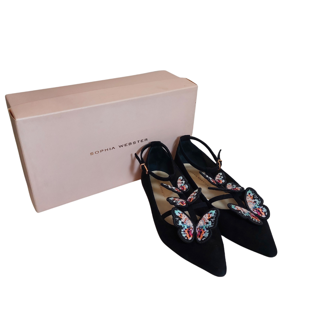 Sophia Webster Black & Multi Butterfly Suede Riva Pointed Flats | Pre Loved |