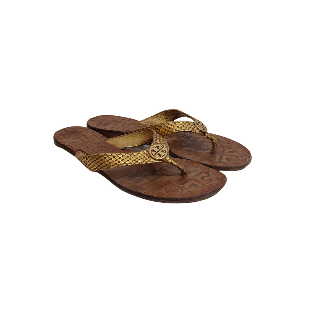 Tory Burch Gold Snake Textured Thong Sandals | Pre Loved |
