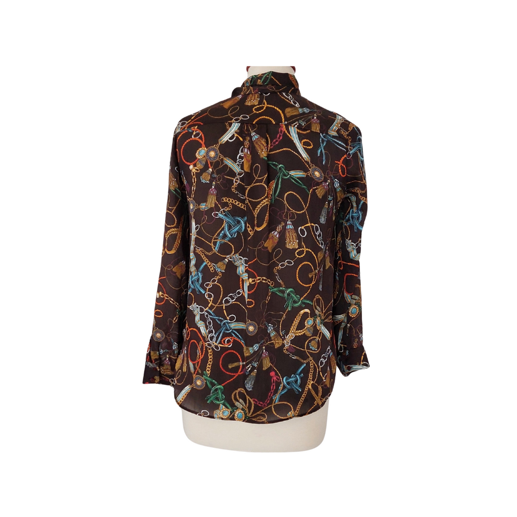 Zara Brown Tassel Printed Button Down Neck Tie Shirt | Pre Loved |