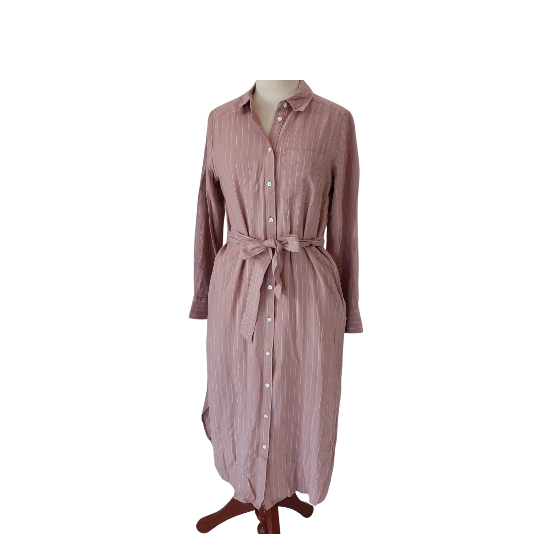Marks & Spencer Pink Striped Collared Belted Long Dress | Brand New