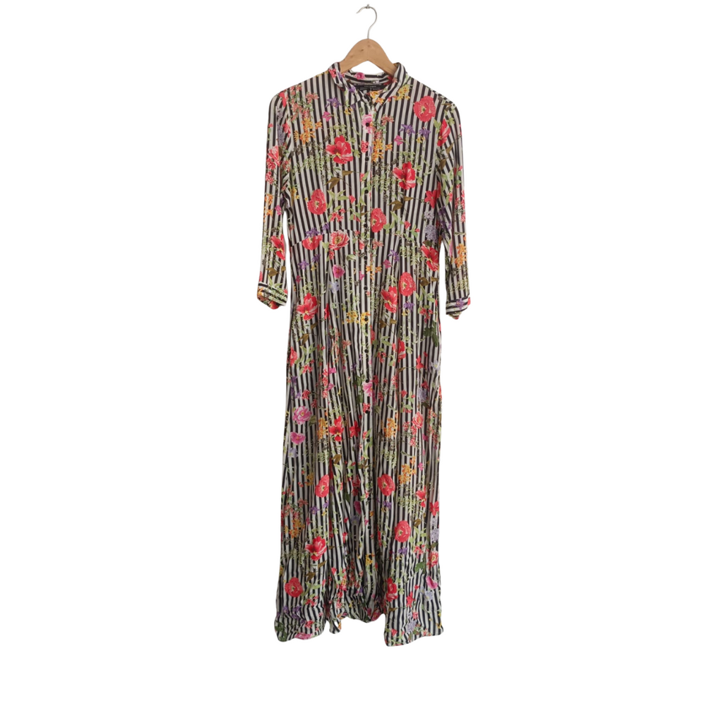 Zara Black & White Striped Floral Printed Button Down Dress | Gently Used |