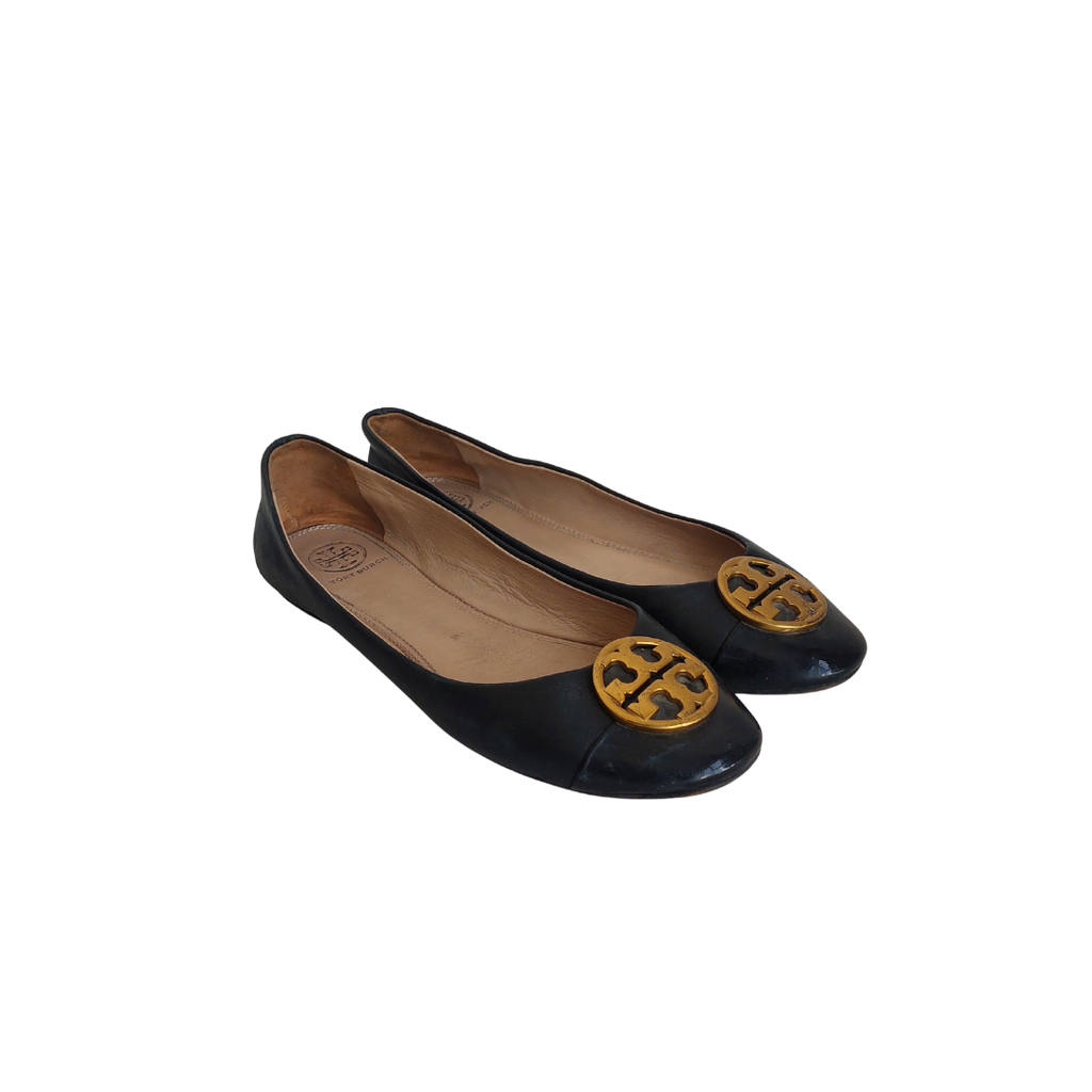 Tory Burch Black Leather Chelsea Cap-Toe Ballet Flats | Pre Loved |