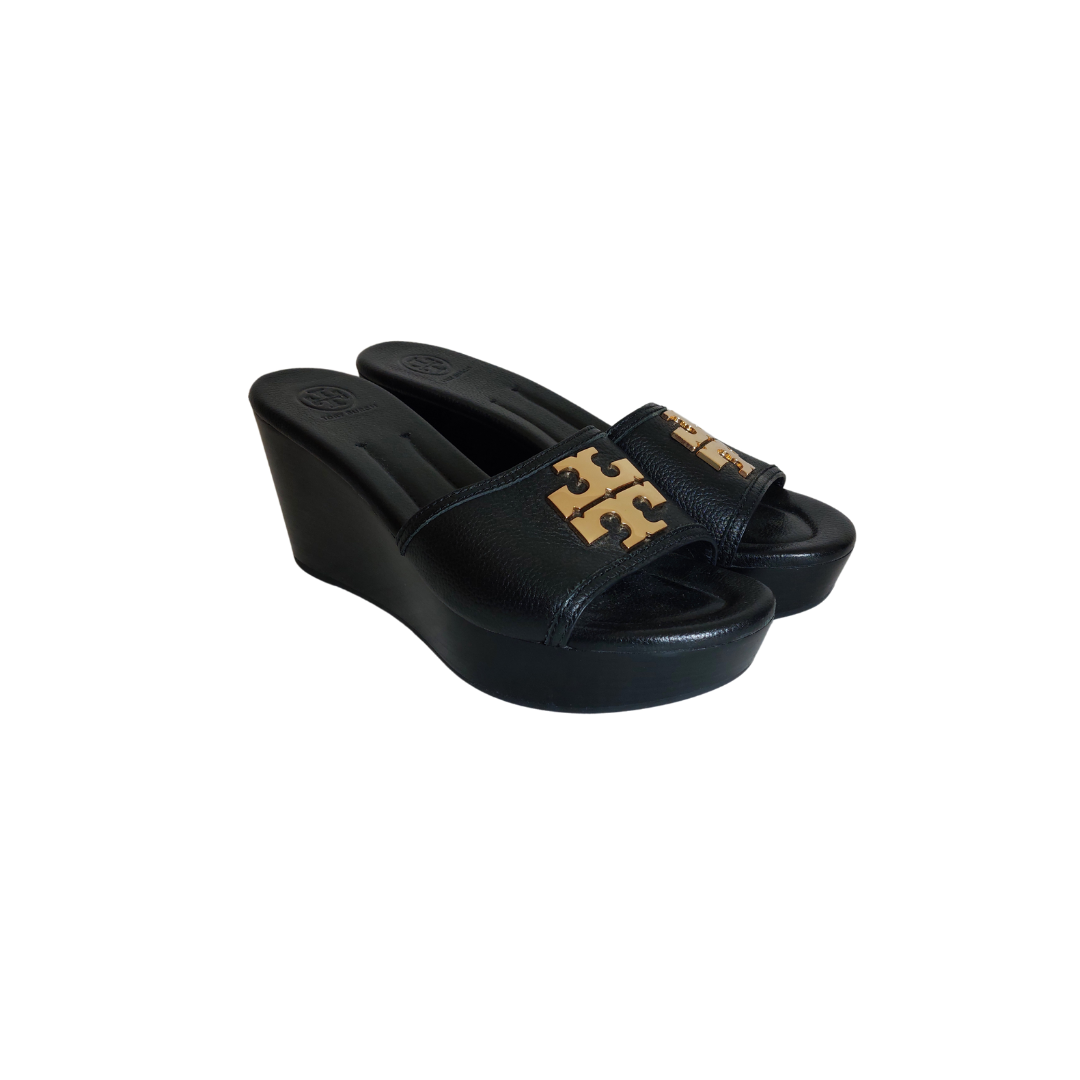Tory Burch Black Leather 'Lowell 2' Wedge Sandals Pre Loved