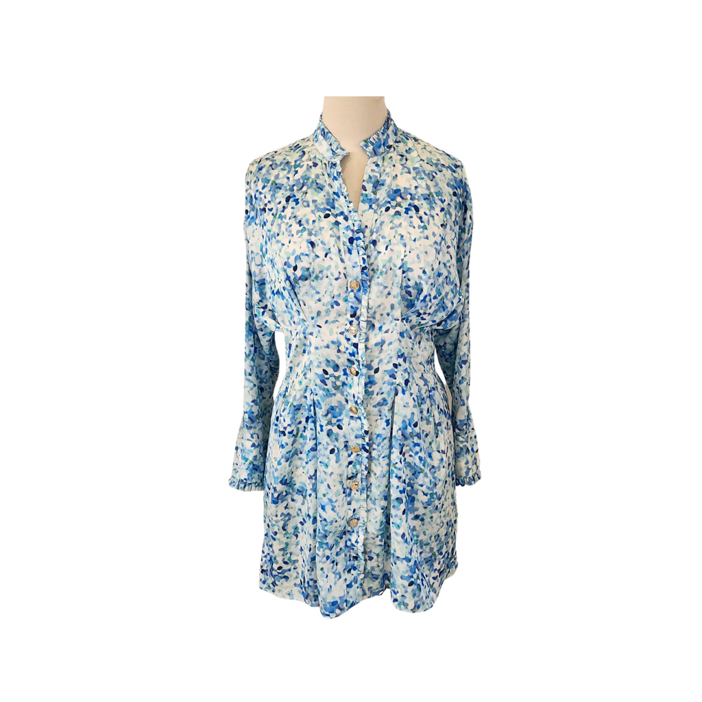 ZARA Blue Printed Satin Cinched-waist Knee-length Dress | Brand New |