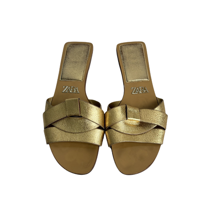 Zara Metallic Gold Leather Cross Strap Sandals | Pre Loved |