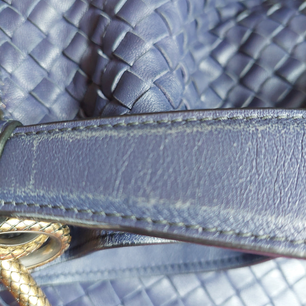 Bottega Veneta Navy Blue Intrecciato Leather Shoulder Bag | Pre Loved |