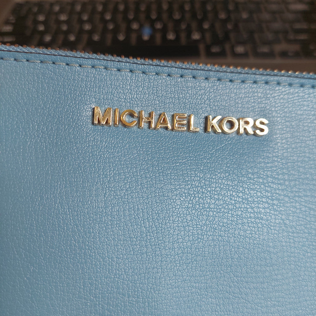 Michael Kors Blue Leather Gold Studded Wristlet | Pre Loved |