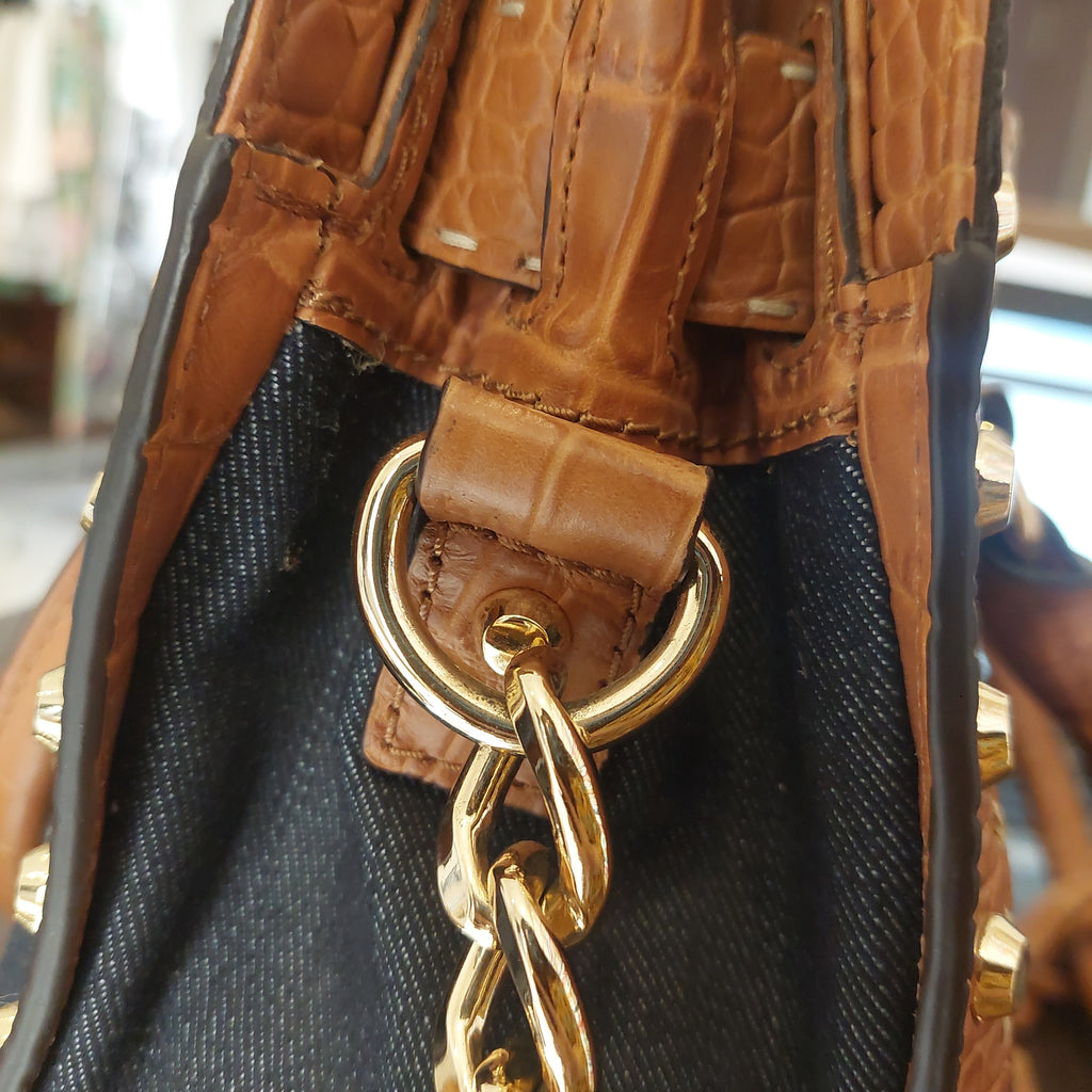 Michael Kors Denim & Tan Leather Studded Hamilton Lock Satchel | Pre Loved |