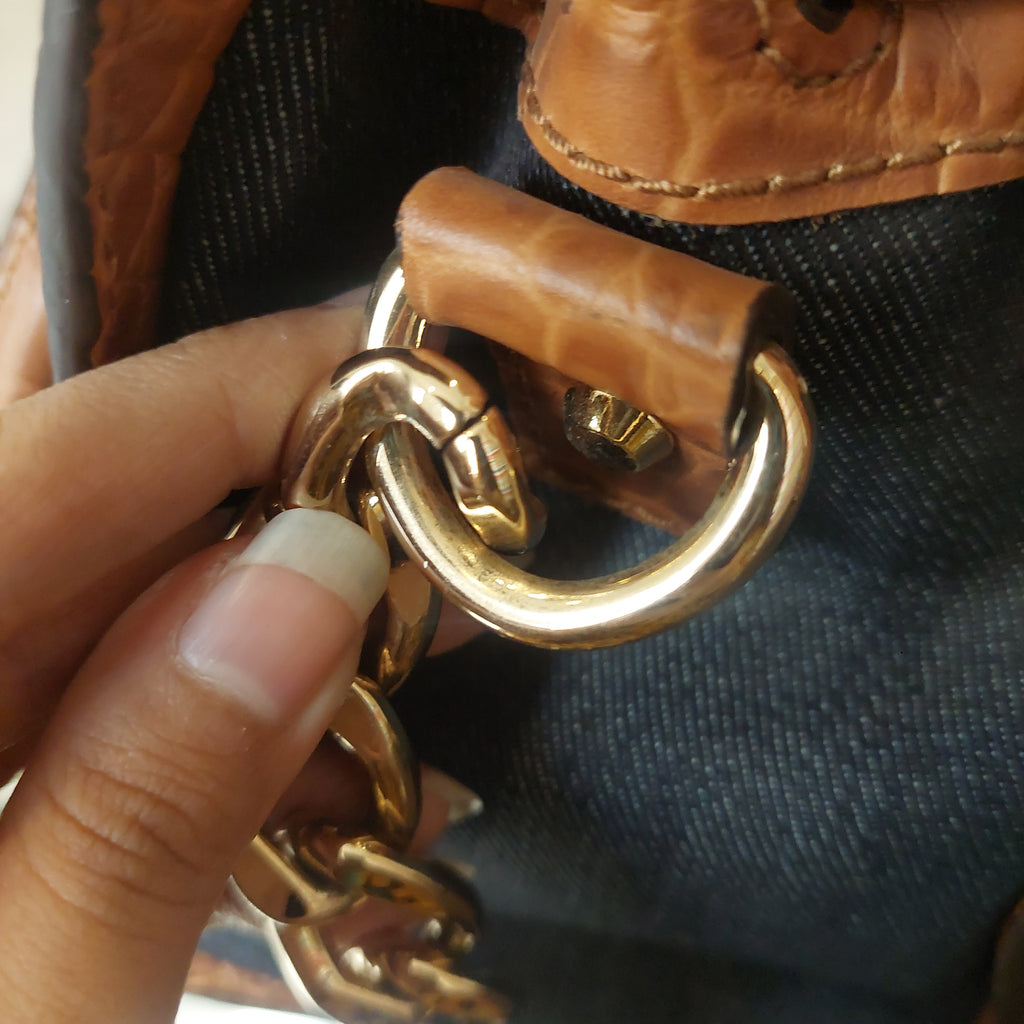 Michael Kors Denim & Tan Leather Studded Hamilton Lock Satchel | Pre Loved |