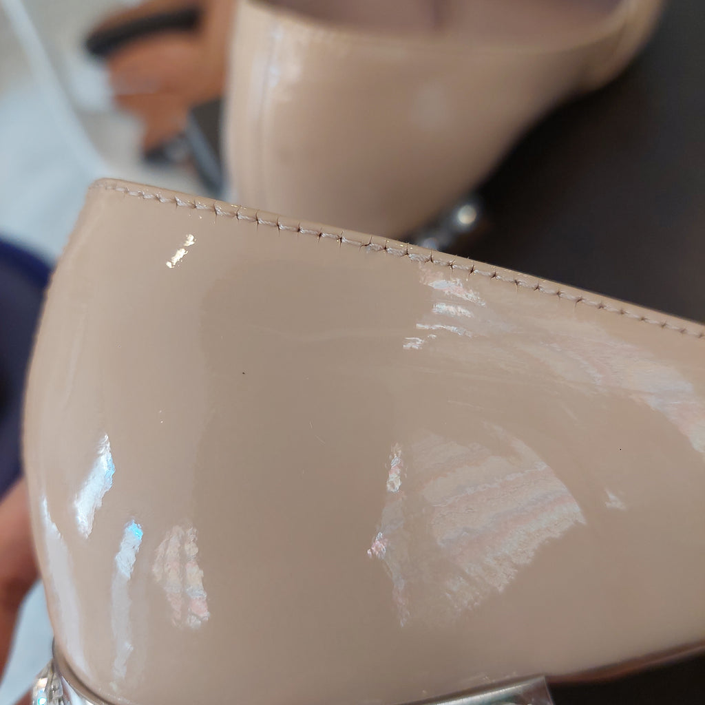 Miu Miu Beige Patent Leather Bow-Detail Jewel-Heel Loafers | Pre Loved |