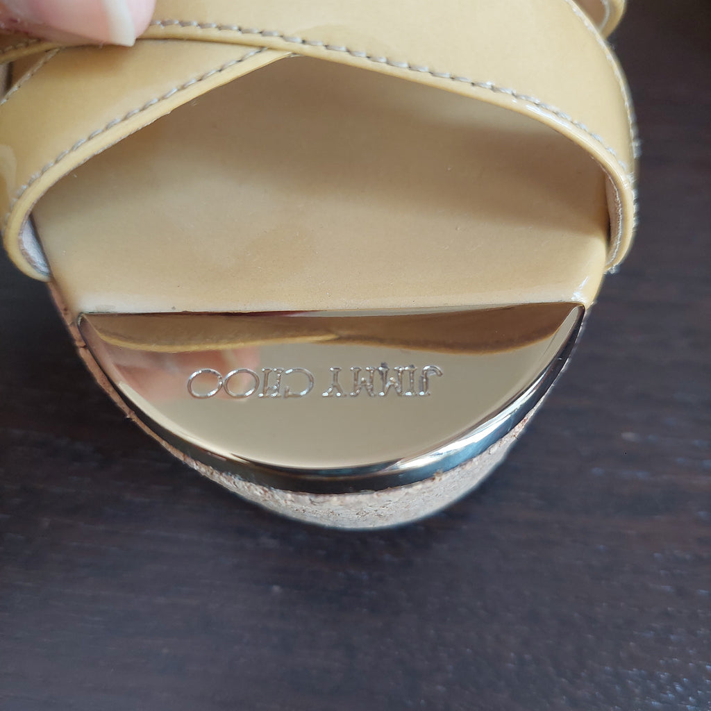 Jimmy Choo Mustard Patent Leather 'Pandora' Cork Wedges | Pre Loved |